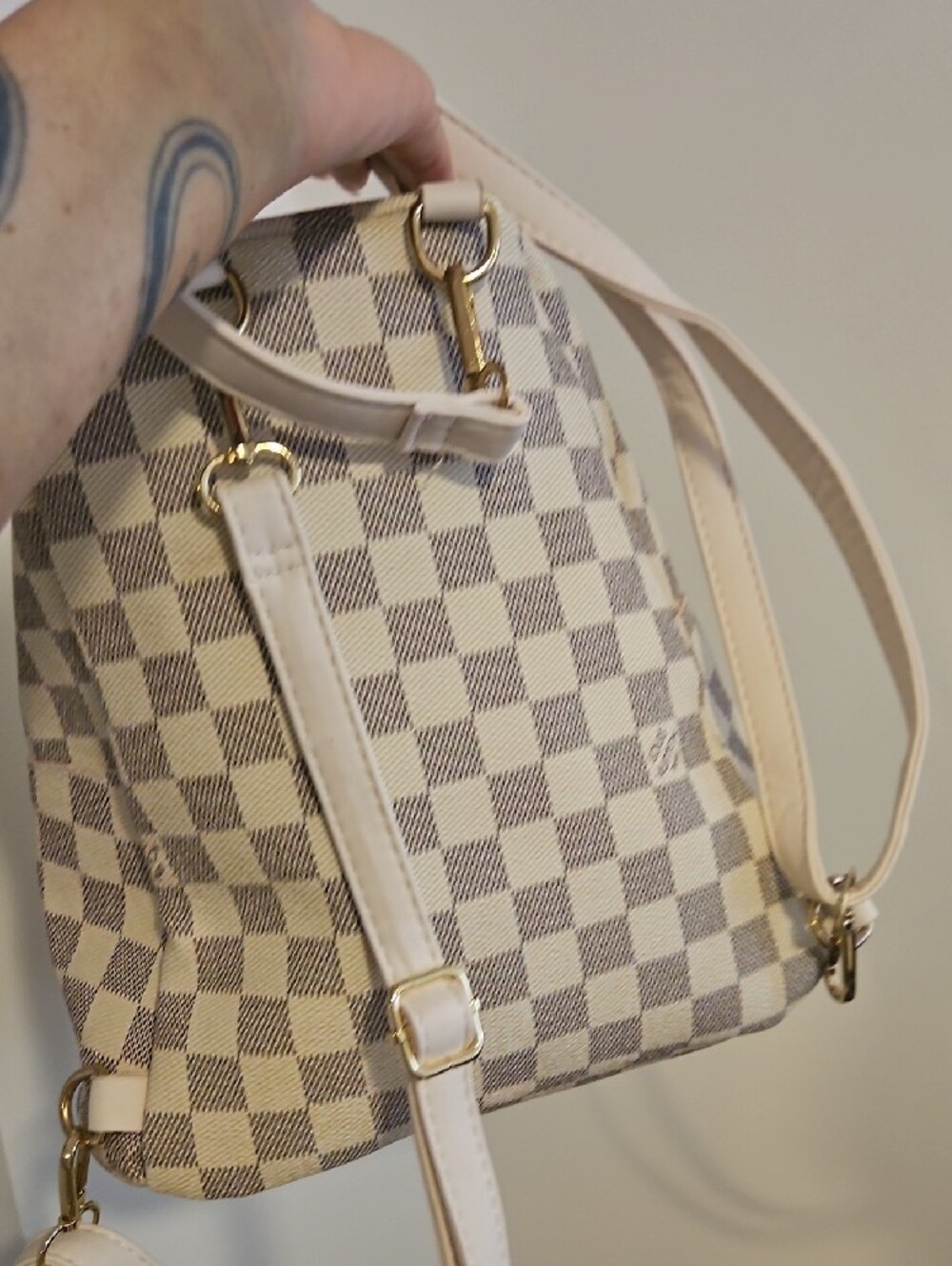 Designer-Style Cream Checkered Backpack Tote - Picture 3 of 5